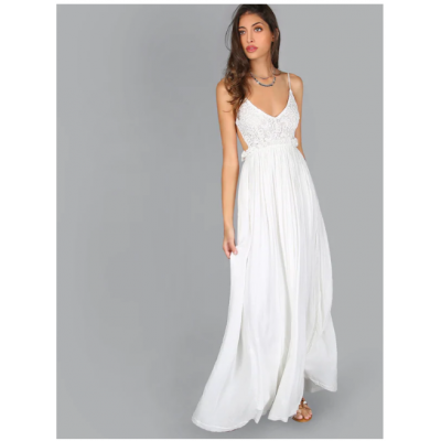  Lace Overlay Backless Pleated Maxi Dress White